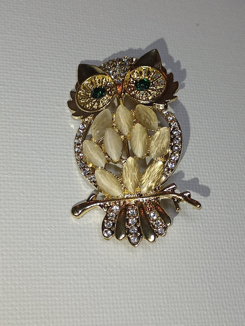 Owl Crystal Brooch with Green Eyes